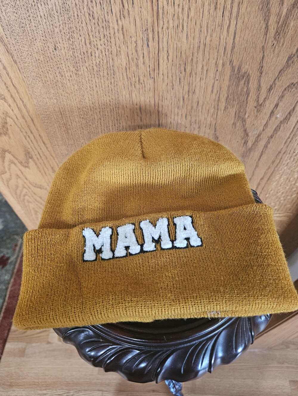 MAMA Embroidered Knit Beanie Hat - Mustard Nwot
